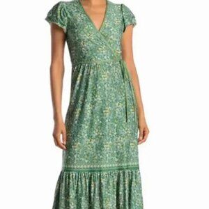Max Studio Green Printed Ruffle Hem Wrap Dress XL
